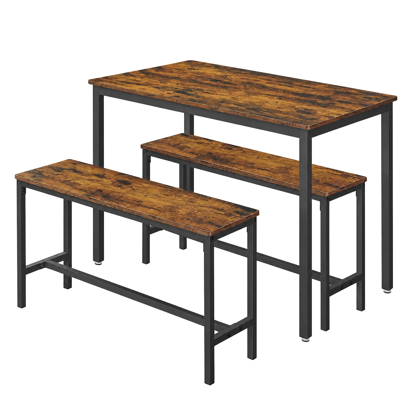 3-Piece Industrial Kitchen Table and Bench Set with Steel Frame, Space Saving for Small Dining Room, Brown and Black