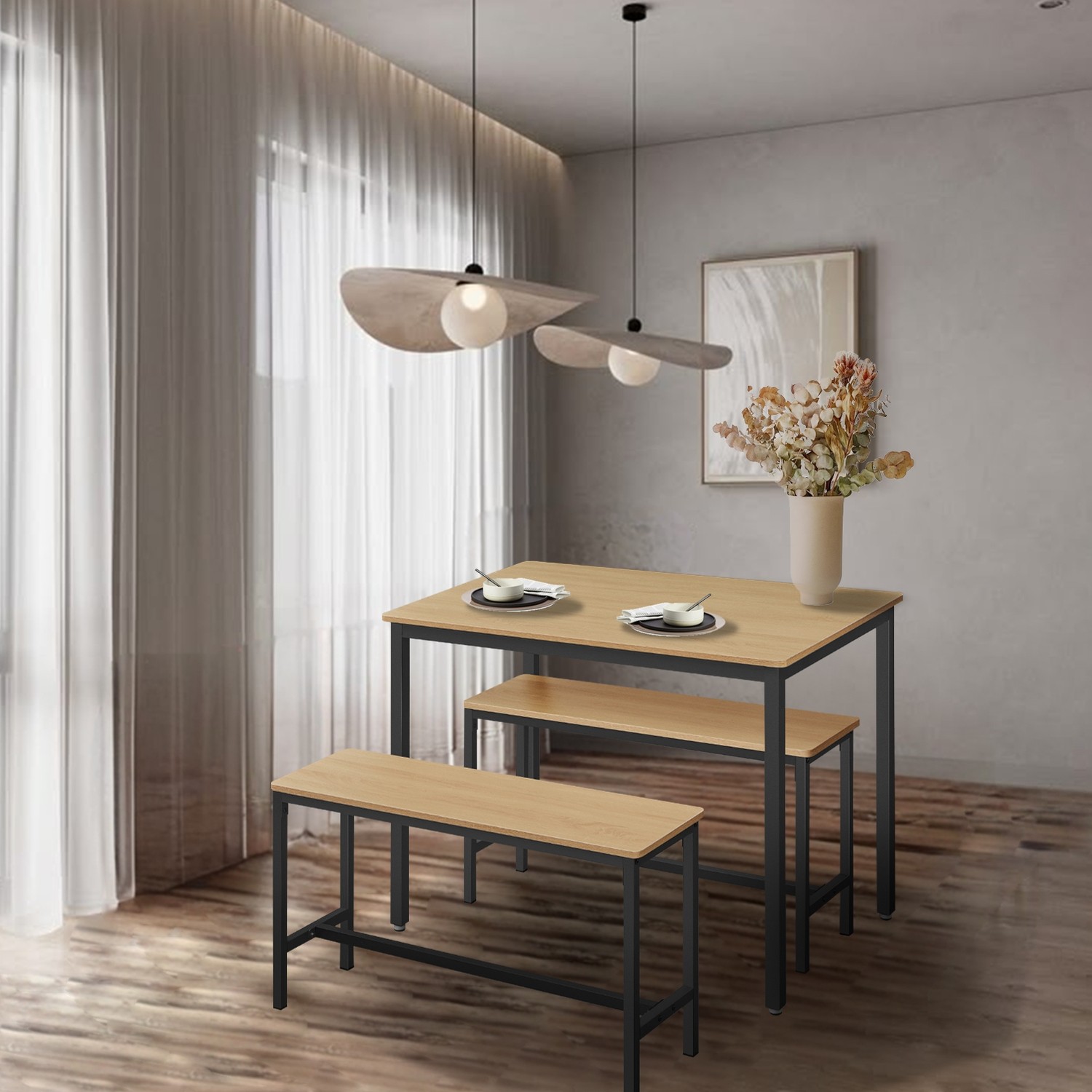 Dining Table with 2 Benches, Set of 3, Kitchen Table