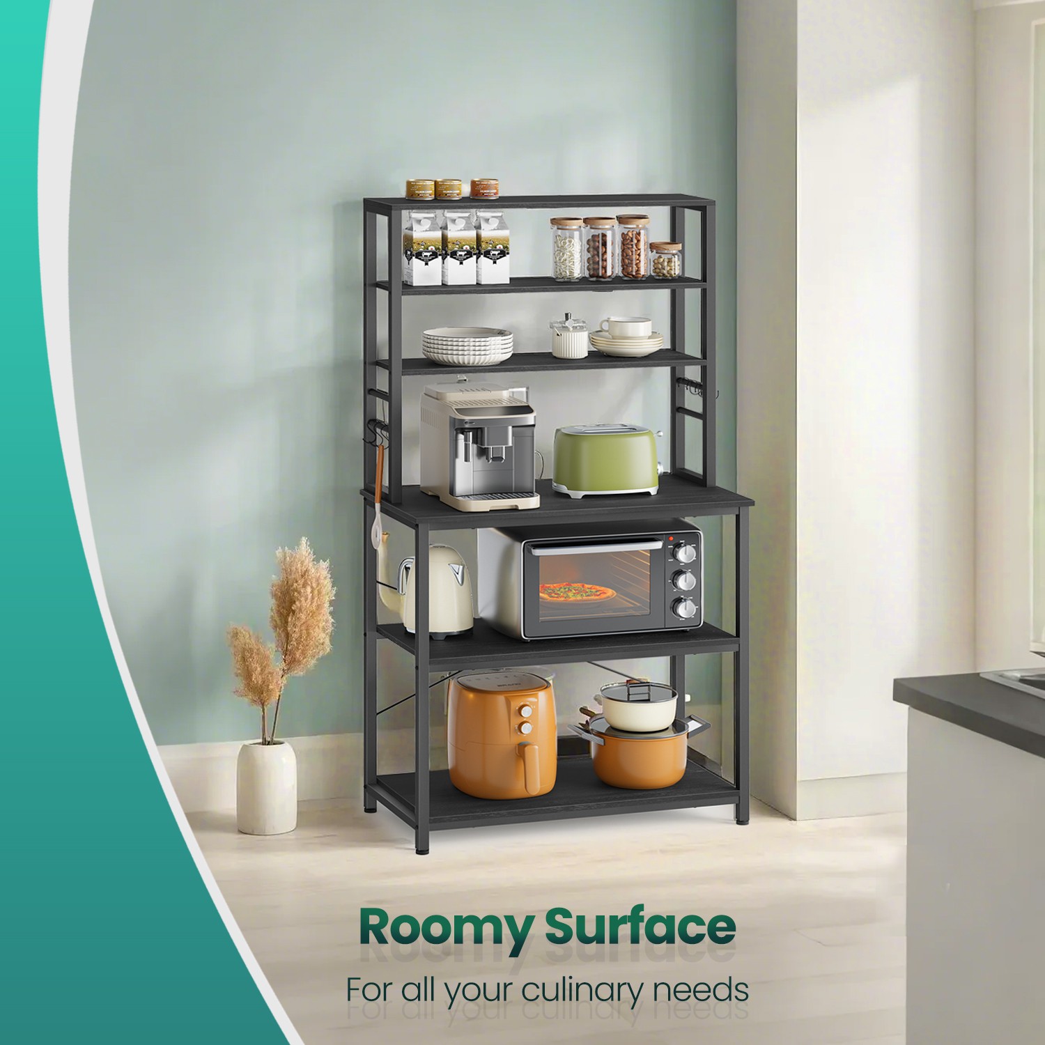 Kitchen Baker’s Rack, 6-Tier Kitchen Storage Shelves with Hooks, Microwave Stand Kitchen Baker’s Rack, 6-Tier Kitchen Storage Shelves with Hooks, Microwave Stand