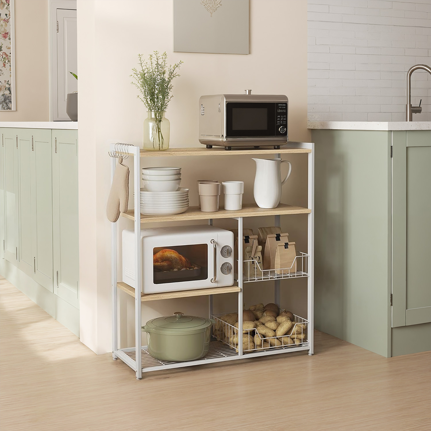 Kitchen Bakers Rack, Storage Shelf with 2 Baskets and Hooks, Walnut Brown and White
