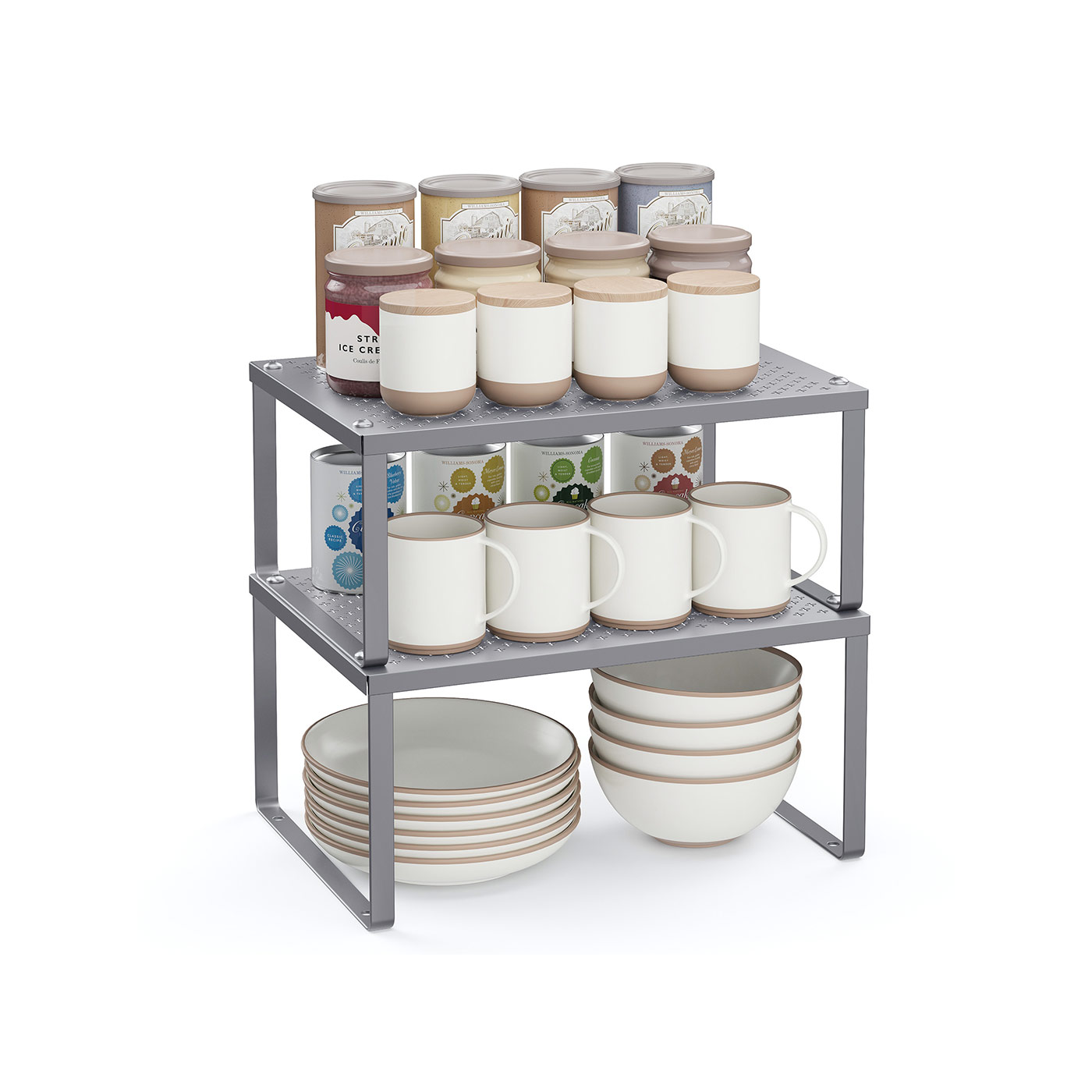Set of 2 Cupboard Organisers Stackable Expandable Silver