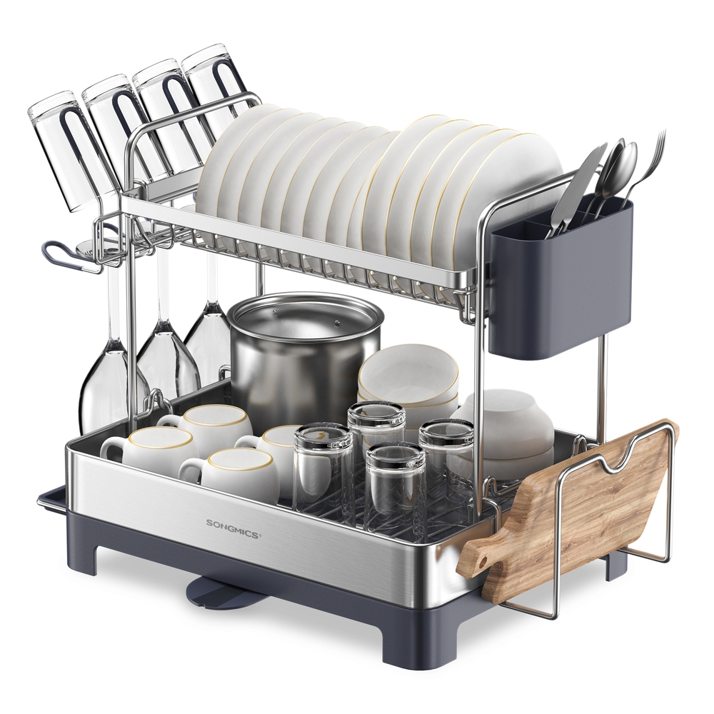 2-Tier Dish Drainer for Kitchen Counter with Rotatable and Extendable Drain Spout