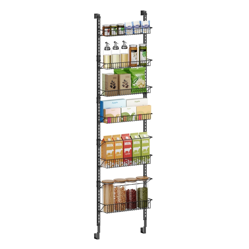 Wall-mounted spice rack with six adjustable baskets