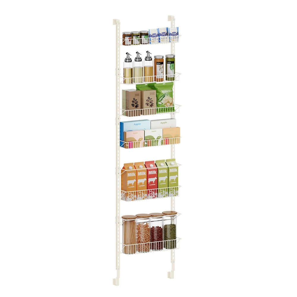 Wall-mounted spice rack with six adjustable baskets