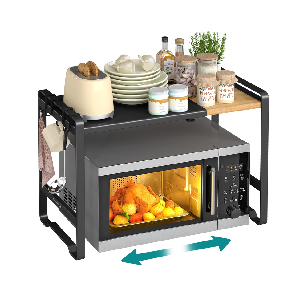 Expandable Microwave Shelf Microwave Stand Ink Black and Light Bamboo