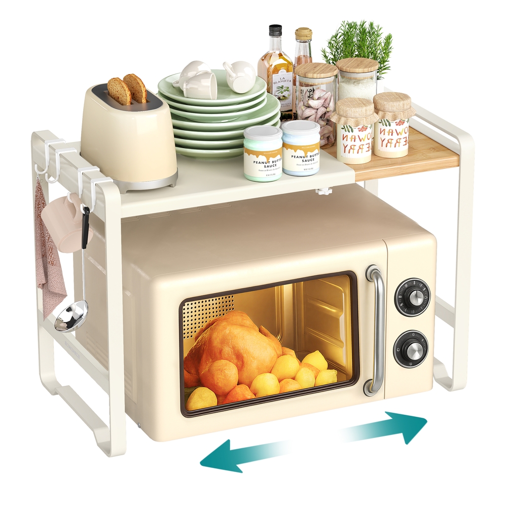 Expandable Microwave Shelf Microwave Stand Cream White and Light Bamboo