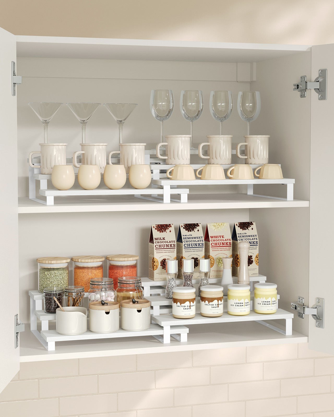3-Tier Extendable Cabinet Shelf Organisers Set of 2 White 3-Tier Extendable Cabinet Shelf Organisers Set of 2 White