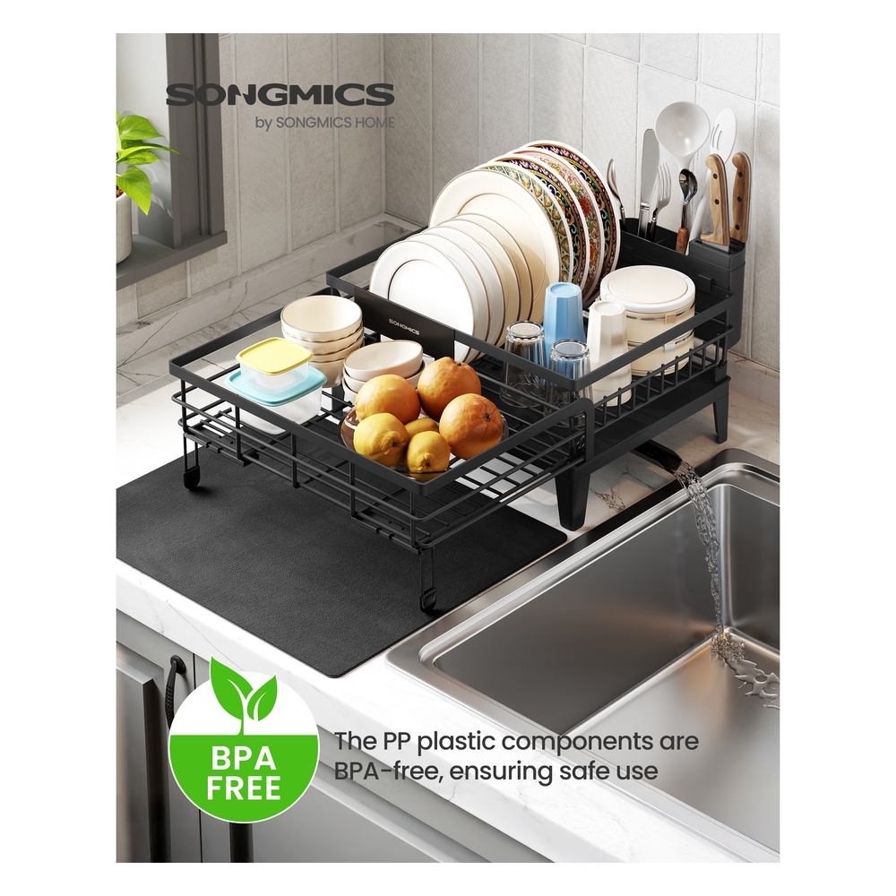 Steel Dish Drying Rack with Expandable Design and Silicone Mat Ink Black