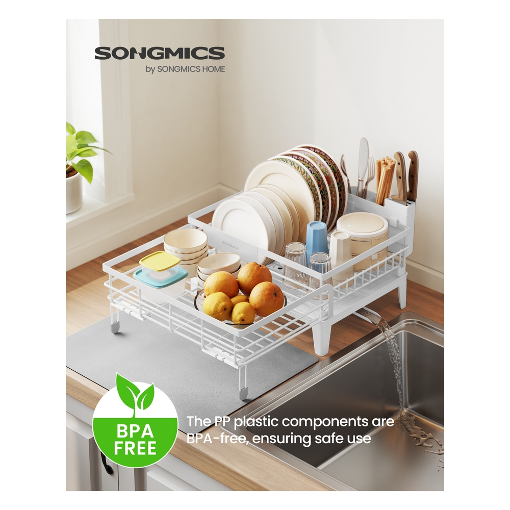 Steel Dish Drying Rack with Expandable Design and Silicone Mat Matte White and Dove Grey
