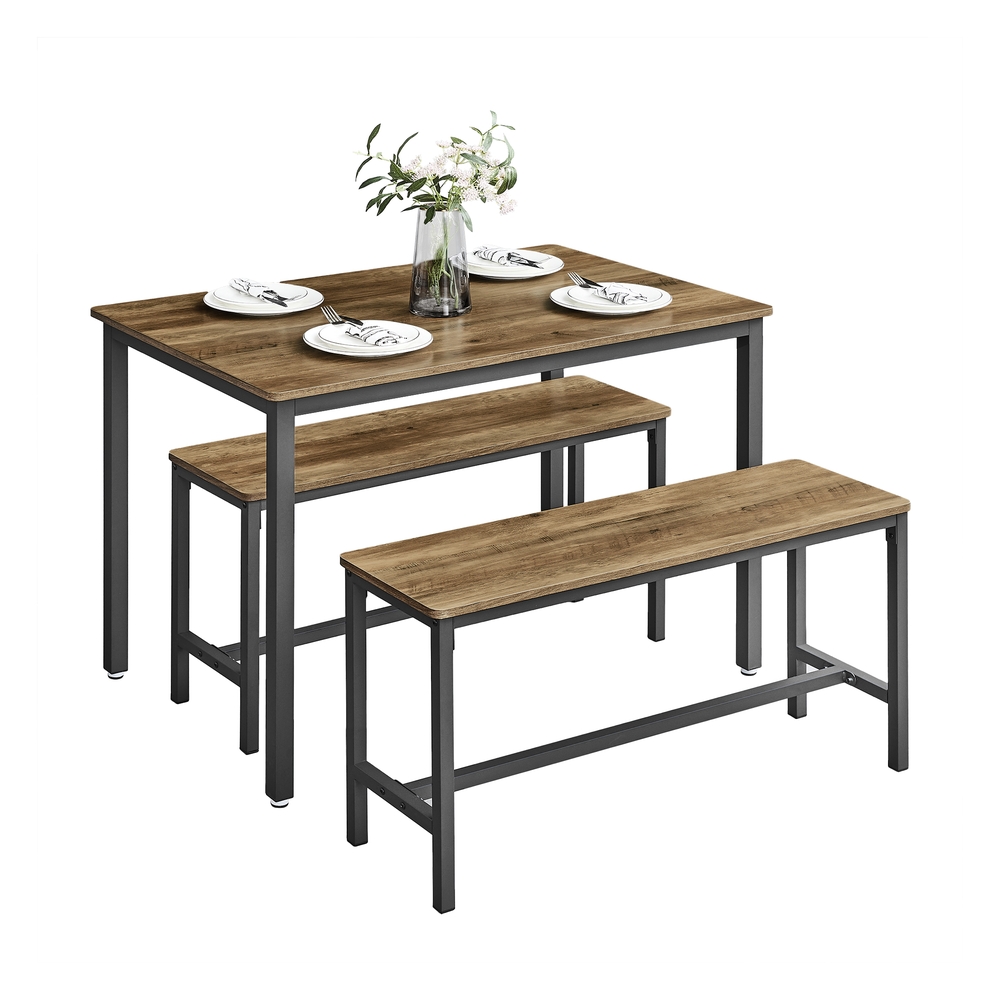 Dining Table with 2 Benches, 110 x 70 cm, Honey Brown and Ink Black