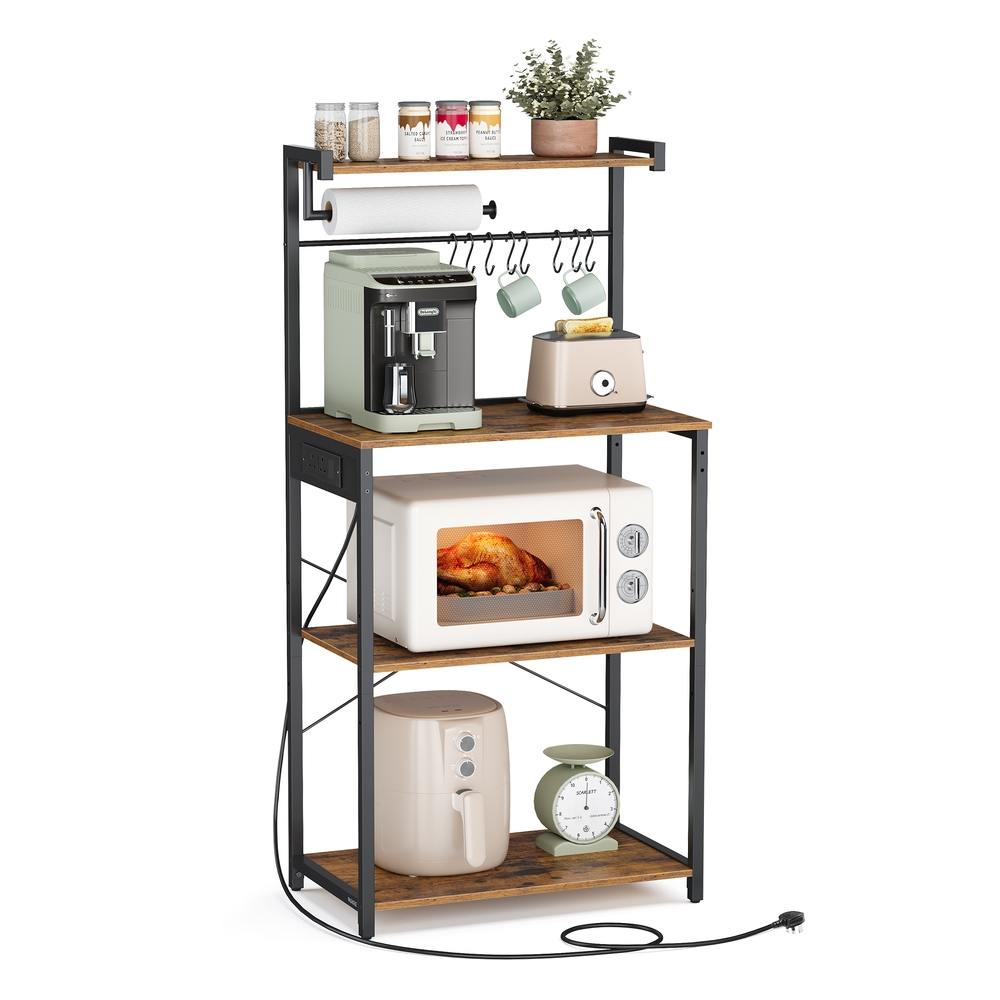 Kitchen Bakers Rack with Power Outlet Rustic Brown and Ink Black Kitchen Bakers Rack with Power Outlet Rustic Brown and Ink Black