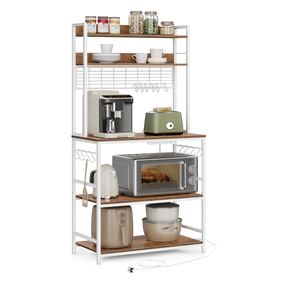 Kitchen Storage Rack with Power Outlet Rustic Walnut and White