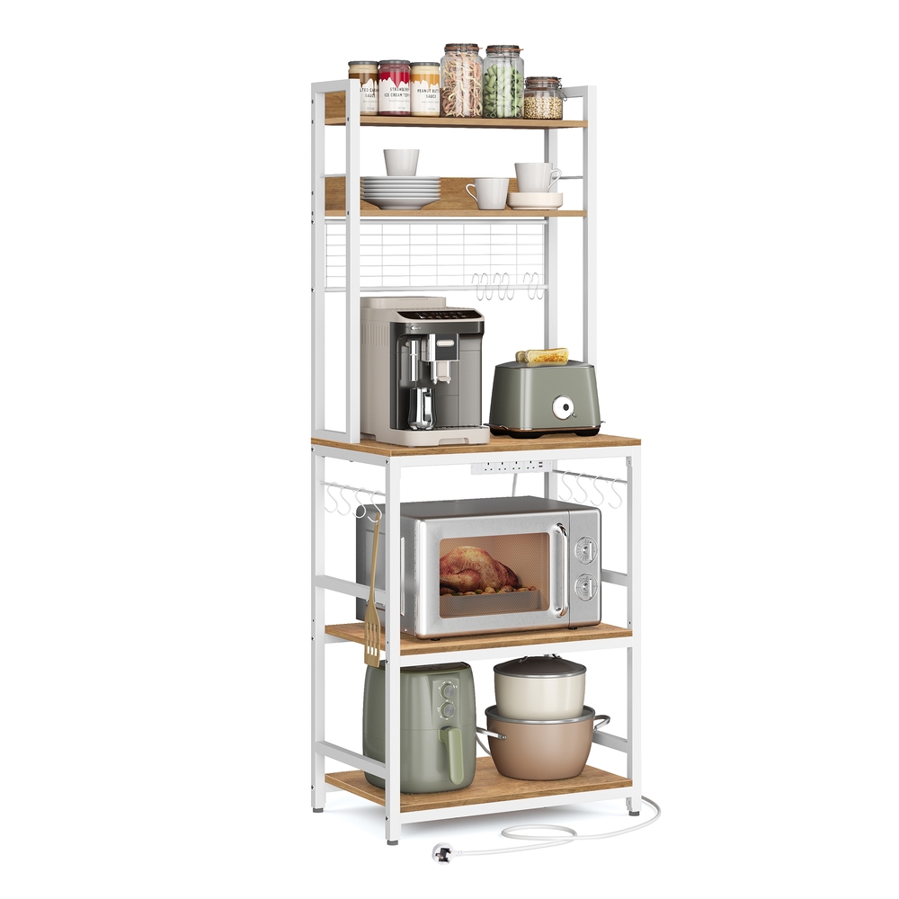Kitchen Storage Rack with Power Outlet Rustic Walnut and White