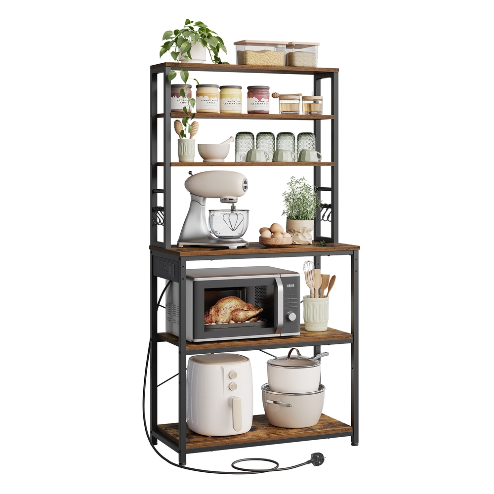 Bakers rack with power outlet and storage shelves for kitchen