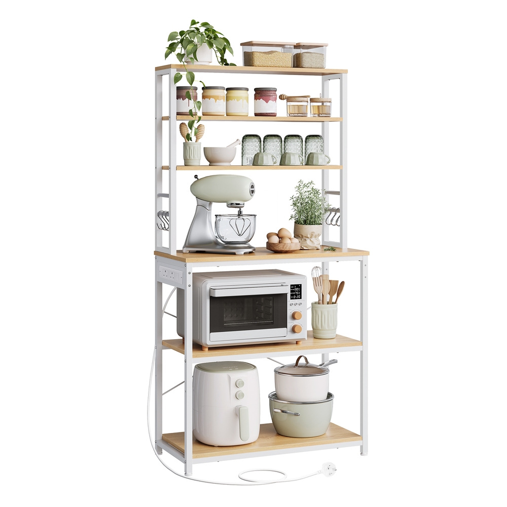 Bakers rack with power outlet and storage shelves for kitchen