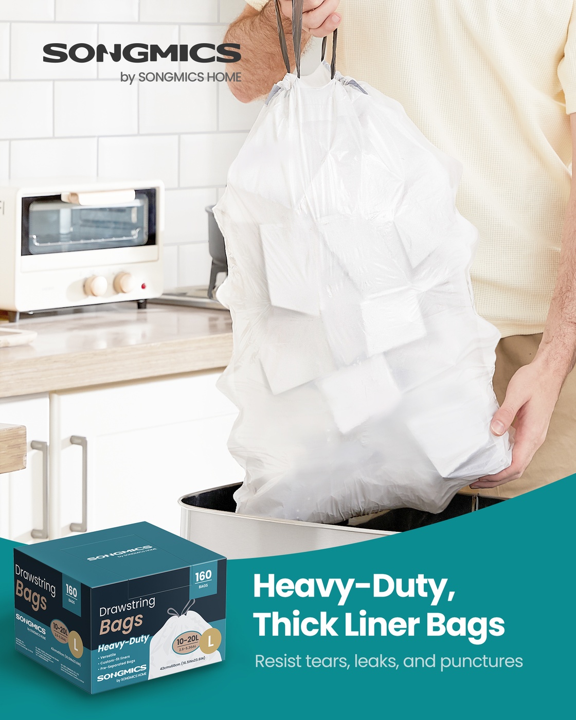 Bin Bags 20 L Rubbish Bags with Drawstrings 160 Pieces Quick-Dispense Box