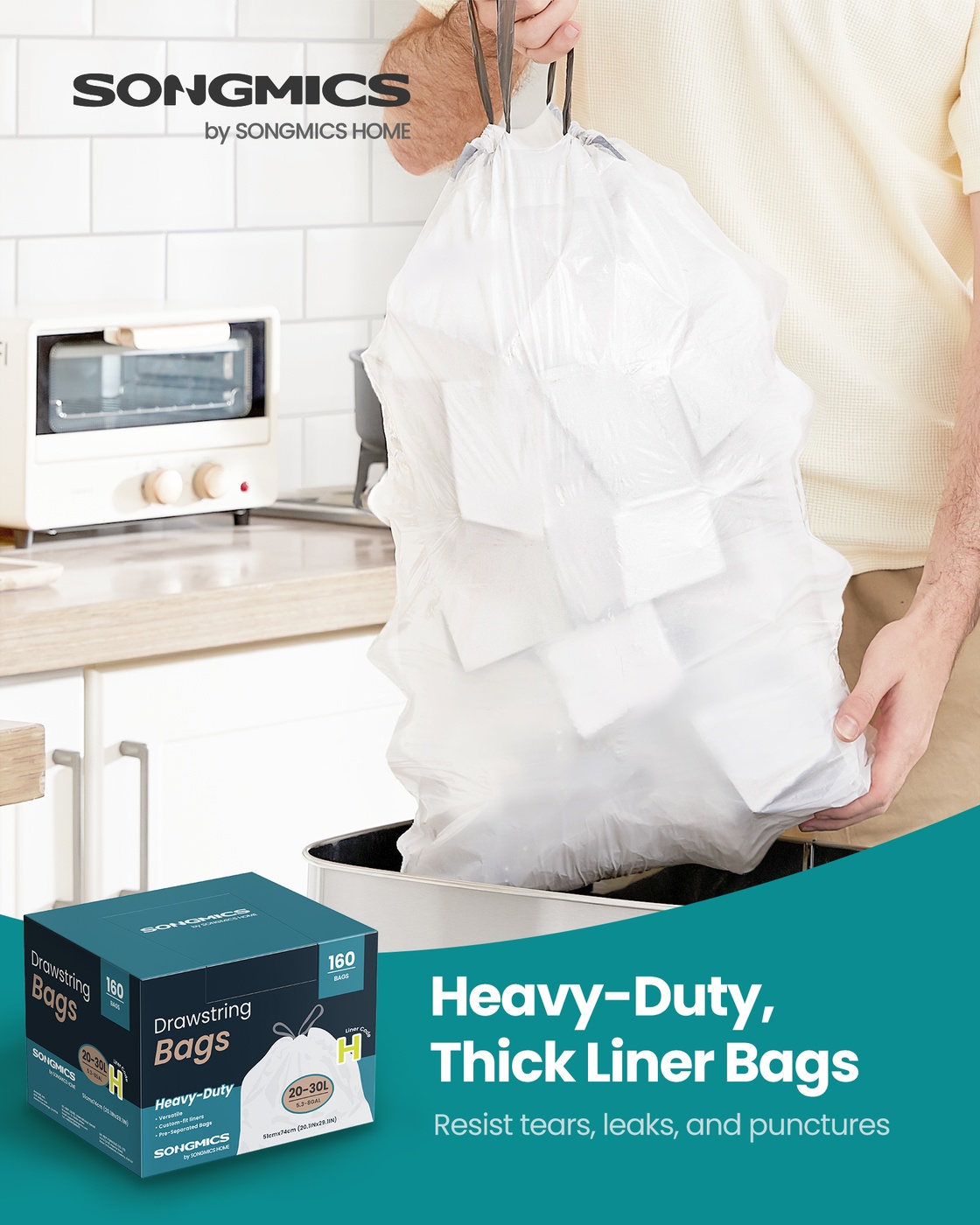 Bin Bags 30 L Rubbish Bags with Drawstrings 160 Pieces Quick-Dispense Box