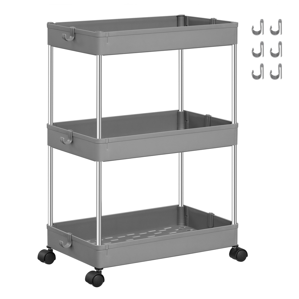 Grey 3-Tier Plastic Storage Trolley with Hooks