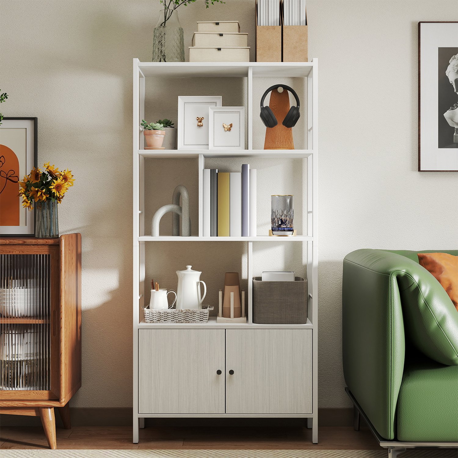 Storage Shelf, Bookshelf with Cabinet for Living Room, Maple White and White
