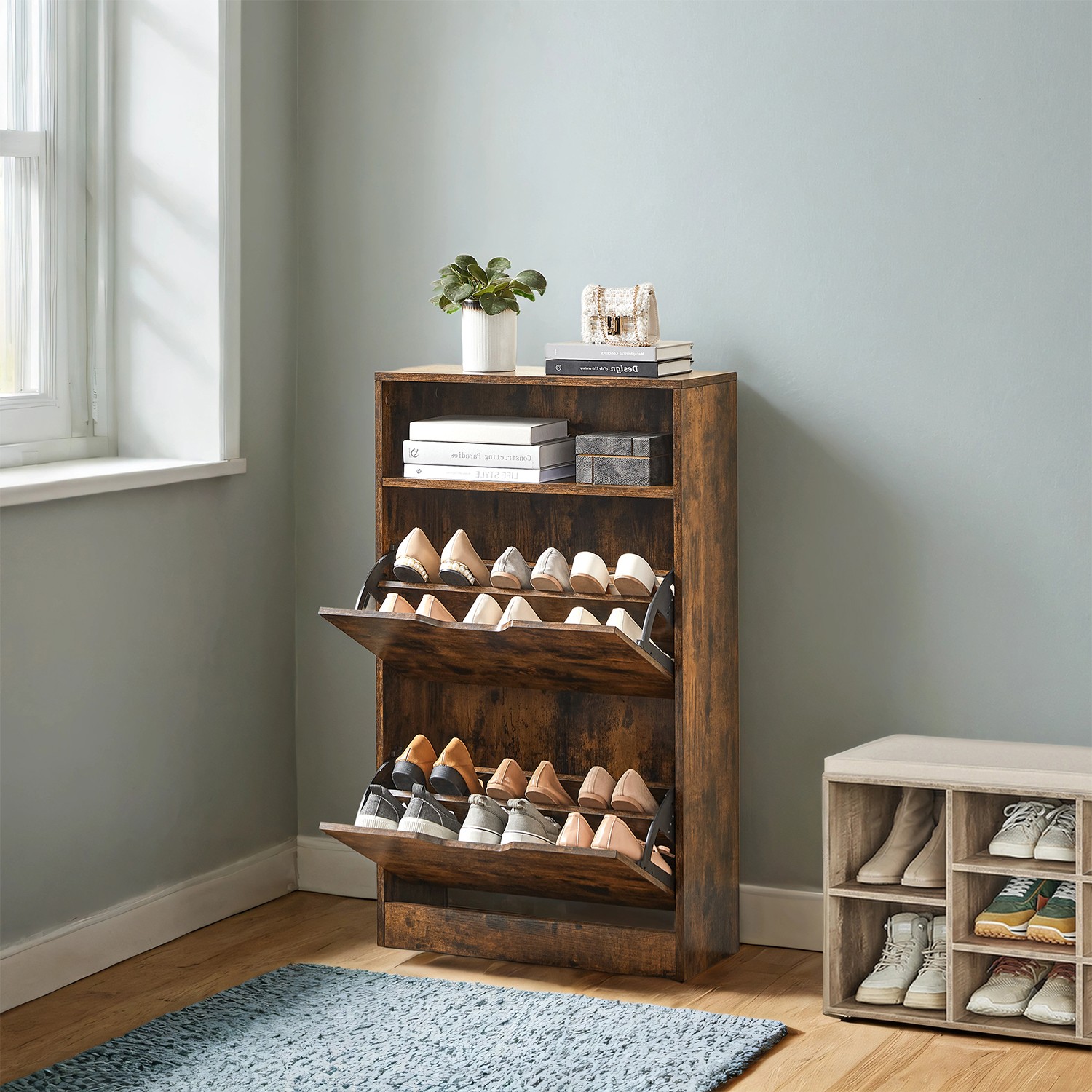 Slim Shoe Storage for Small Spaces, 24 x 60 x 102 cm, Brown