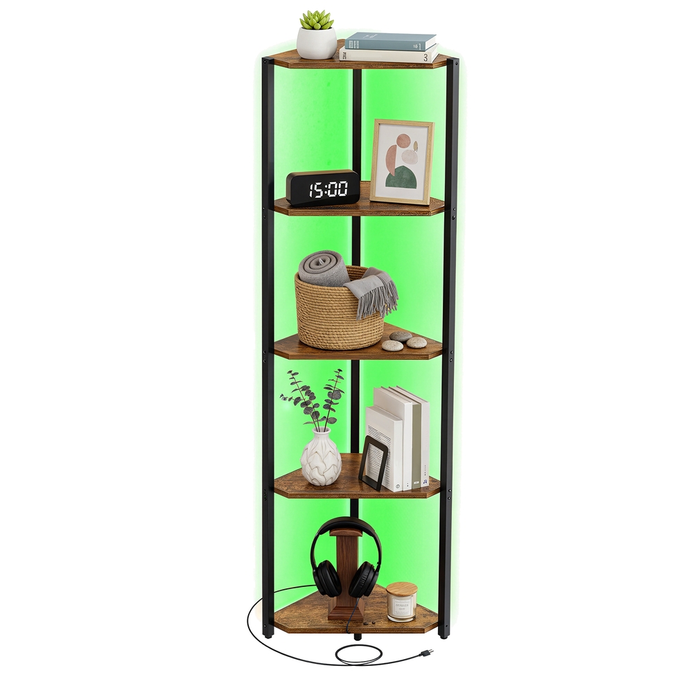 VASAGLE 5-Tier LED Corner Shelf with Remote-Controlled Lighting, Rustic Brown