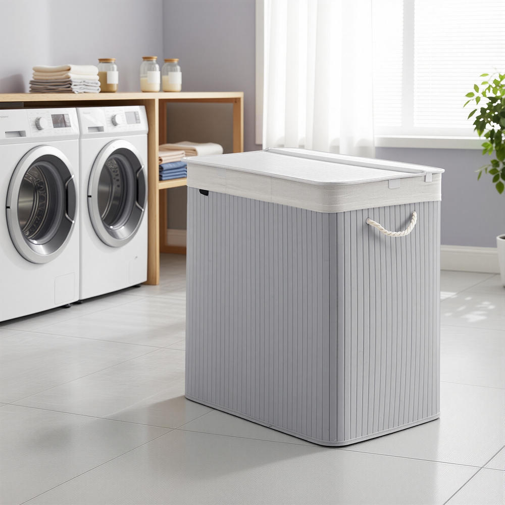 3-Section Laundry Basket, 150 L, Bamboo Laundry Hamper with Lid