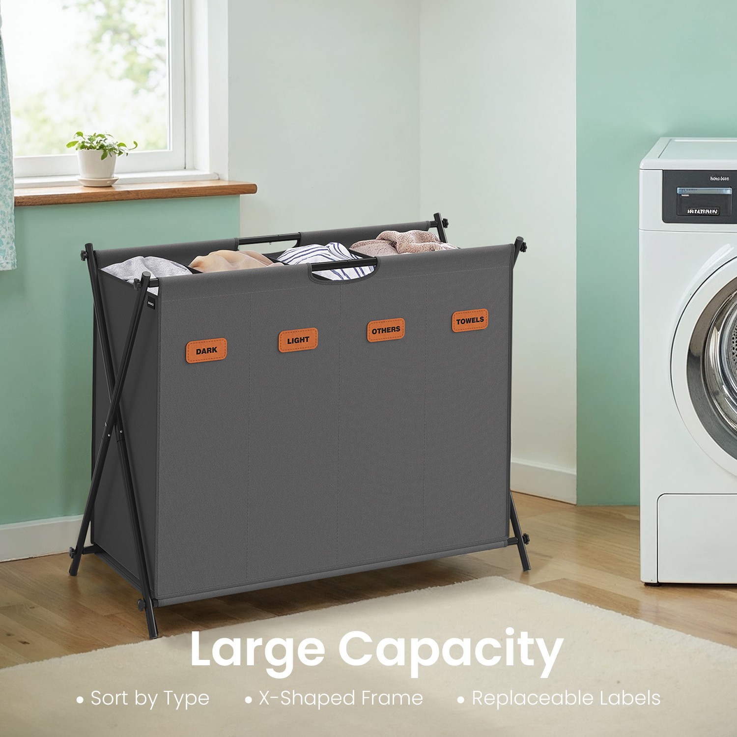 Foldable 3-Section Laundry Basket with 155 L Capacity, X-Frame and Customizable Labels for Bedroom Bathroom Laundry Room, Grey