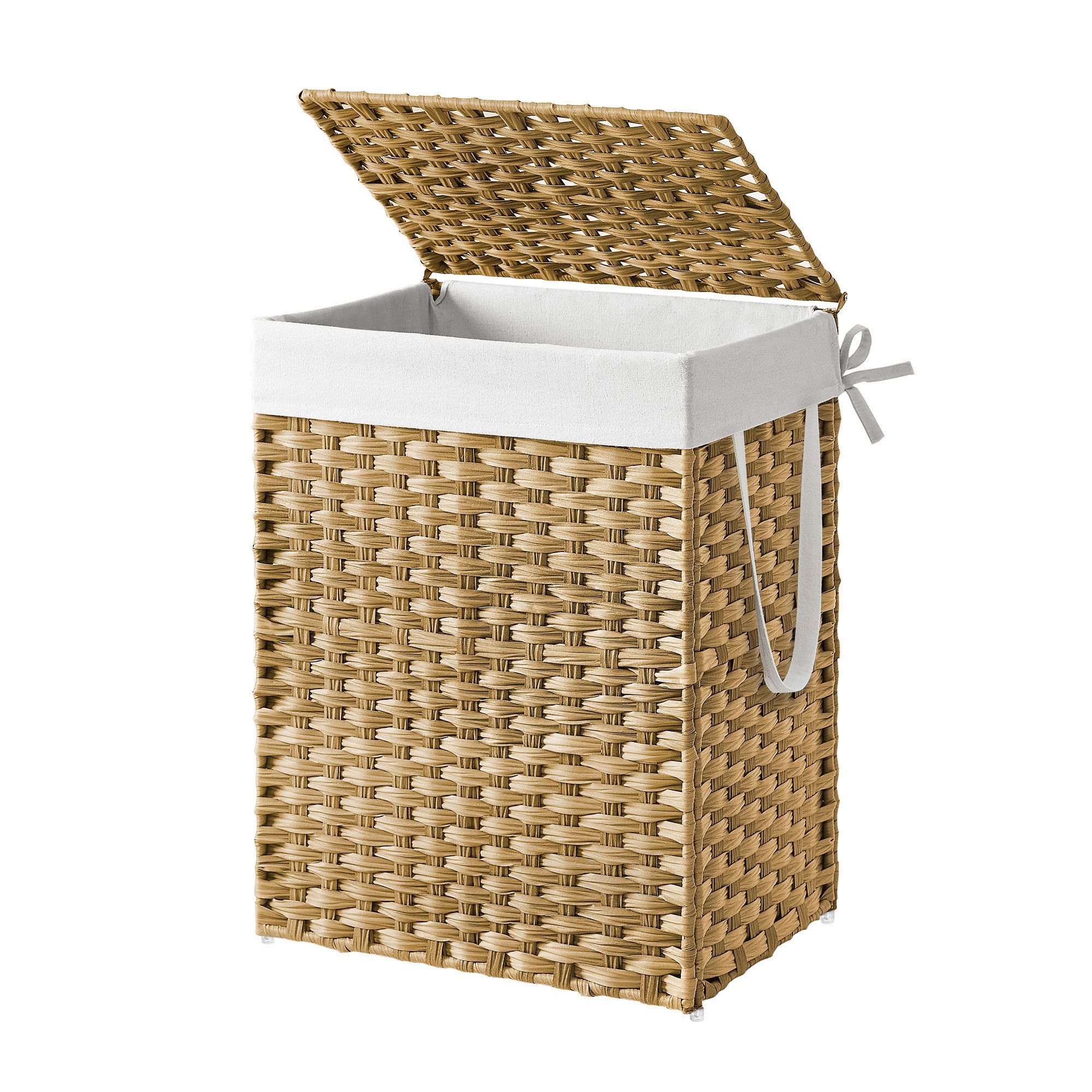 90 L Laundry Basket, Foldable Synthetic Rattan Storage Basket with Lid and Handles, Removable Liners 90 L Laundry Basket, Foldable Synthetic Rattan Storage Basket with Lid and Handles, Removable Liners