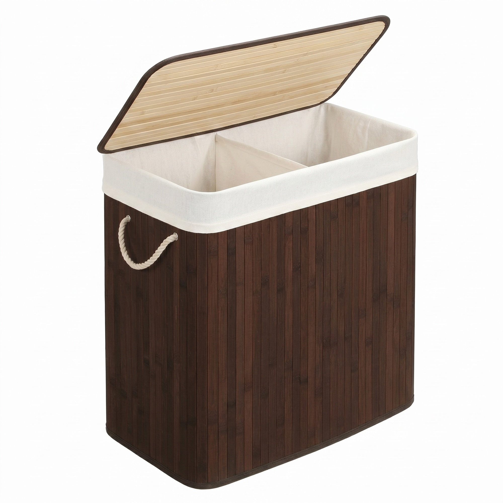 Bamboo Laundry Basket, 2 Sorting Compartments, Removable Bag