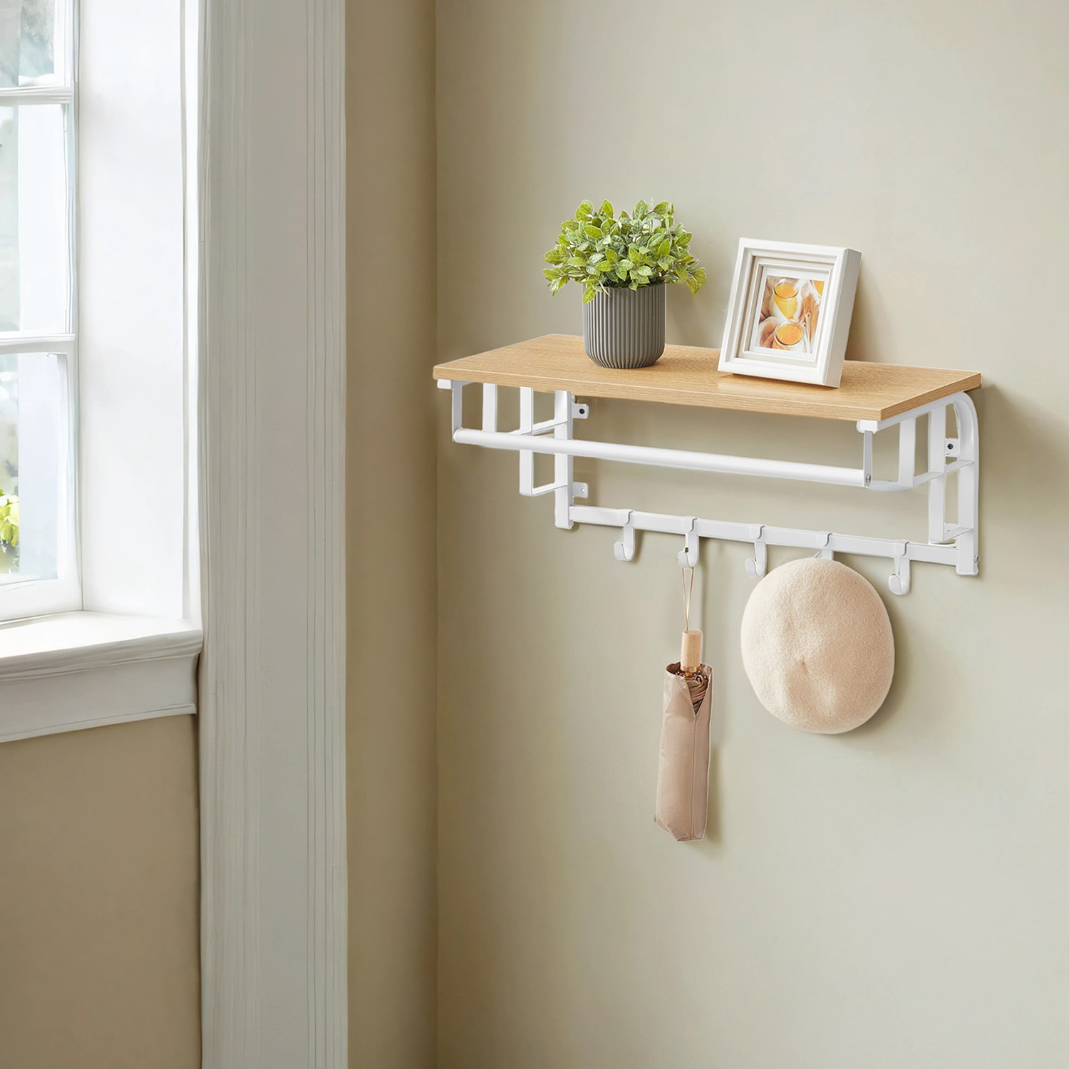Coat Rack Wall-Mounted, Clothes Rail with 5 Removable Coat Hooks, Floating Shelf with Hanging Rail Coat Rack Wall-Mounted, Clothes Rail with 5 Removable Coat Hooks, Floating Shelf with Hanging Rail