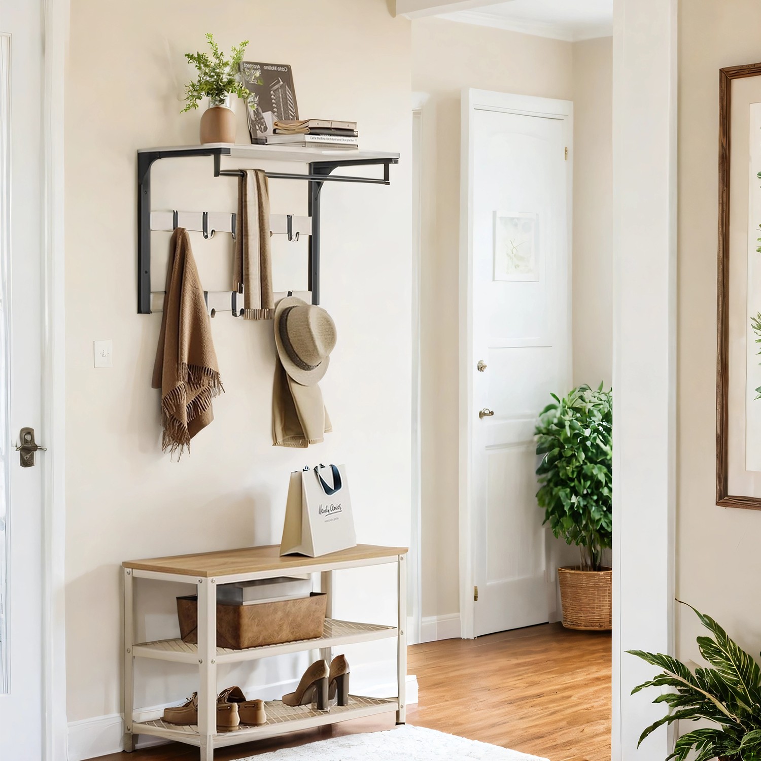 Wall-Mounted Coat Rack, Wall Shelf with 10 Removable Hooks, Clothes Rail Wall-Mounted Coat Rack, Wall Shelf with 10 Removable Hooks, Clothes Rail