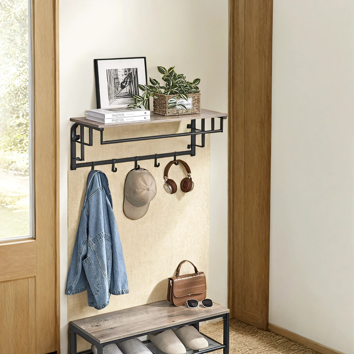Wall-Mounted Coat Rack, Clothes Rail with 5 Removable Coat Hooks, Floating Shelf for Hallway