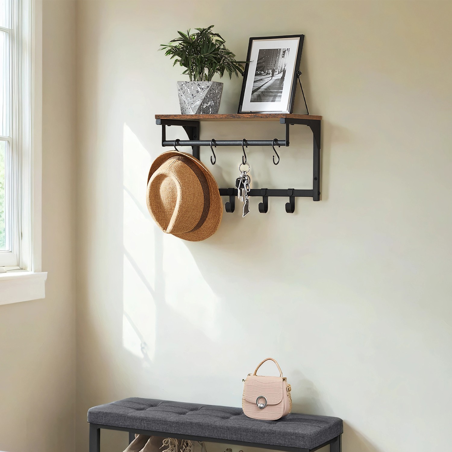 Wall Coat Rack with 8 Hooks and Shelf, 40 x 24 x 24 cm, for Living Room