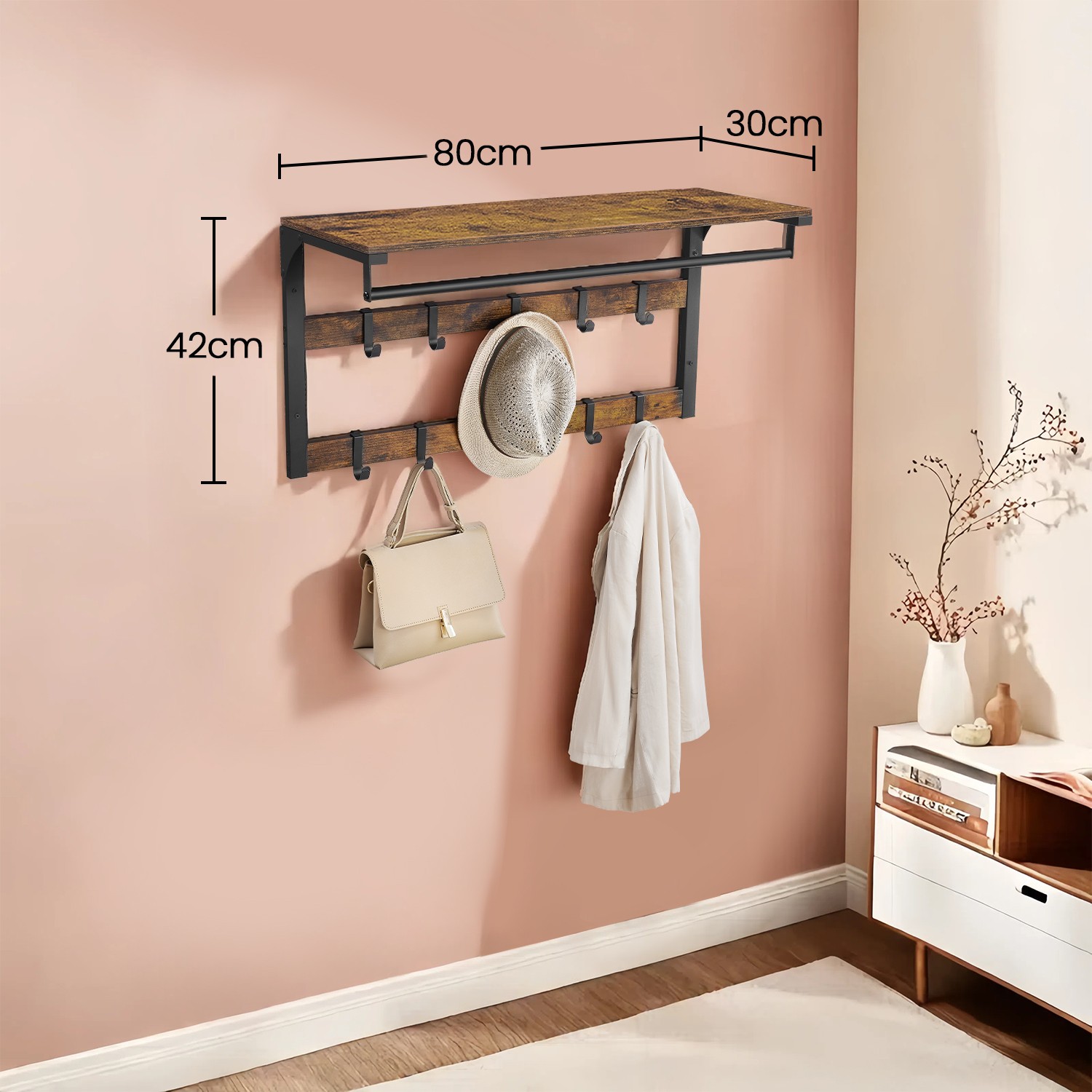 Wall-Mounted Coat Rack, Wall Shelf with 10 Removable Hooks, Clothes Rail