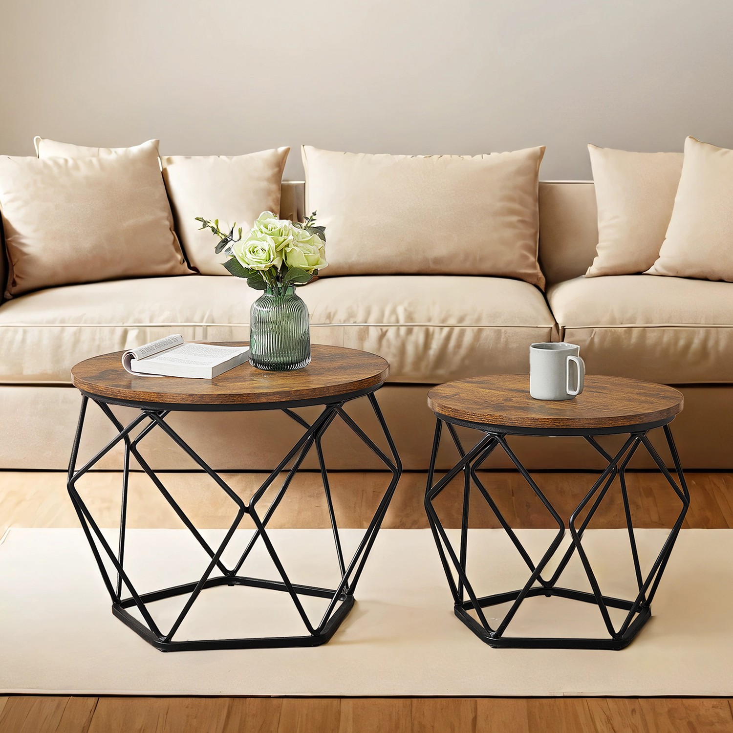 Small Coffee Table Set of 2, Round Coffee Table, Side End Table for Living Room