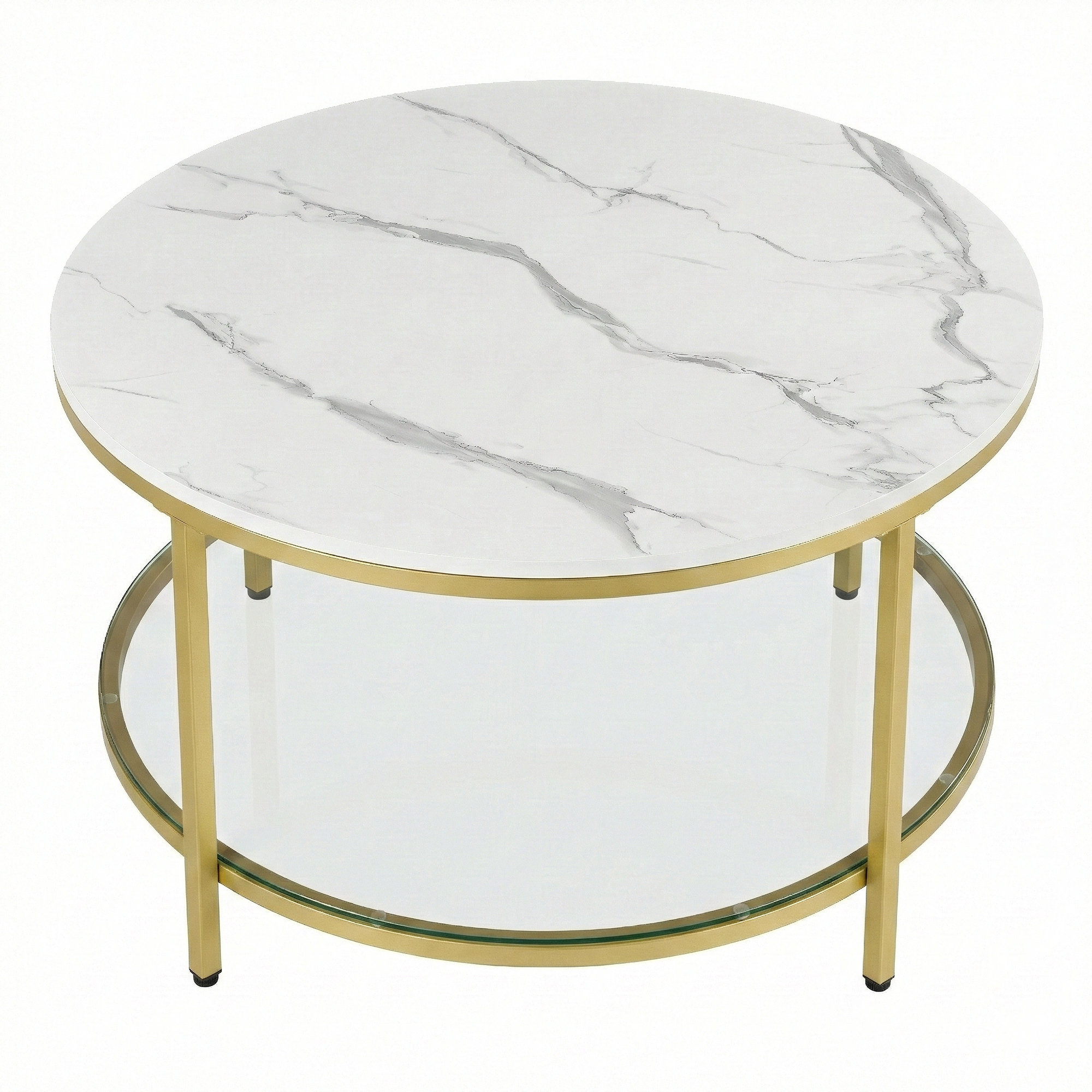 Living Room Table, Sofa Cocktail Table Faux Marble Round, Modern Coffee Table, for Living Room, Marble White and Gold