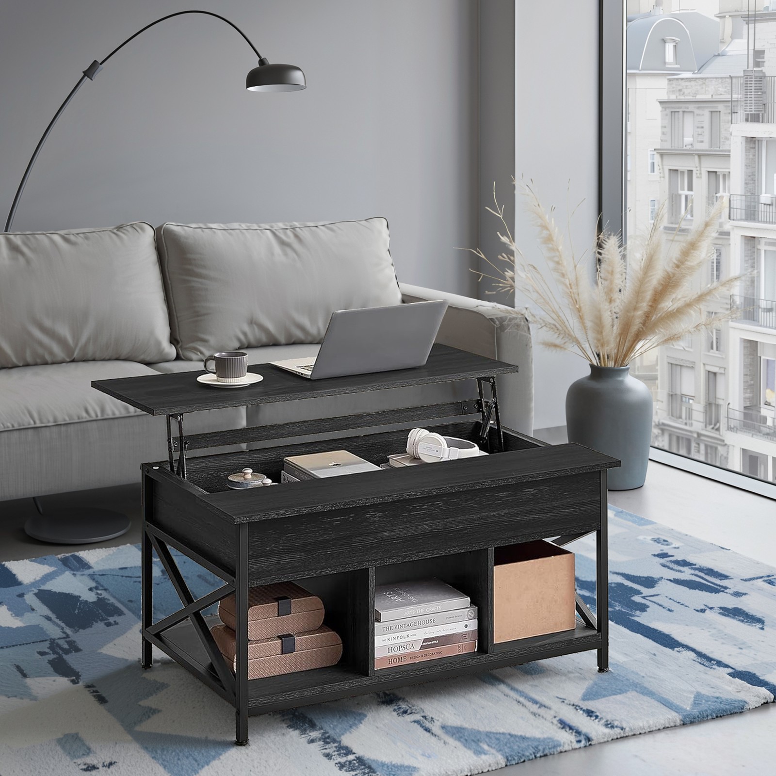 Lift-Top Table Coffee Table for Living Room, Open and Hidden Storage, X-Shaped Bars