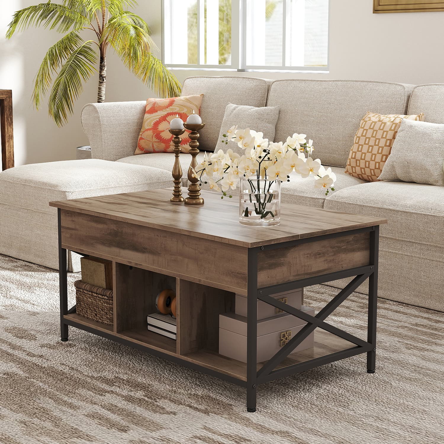 Lift-Top Table Coffee Table for Living Room, Open and Hidden Storage, X-Shaped Bars
