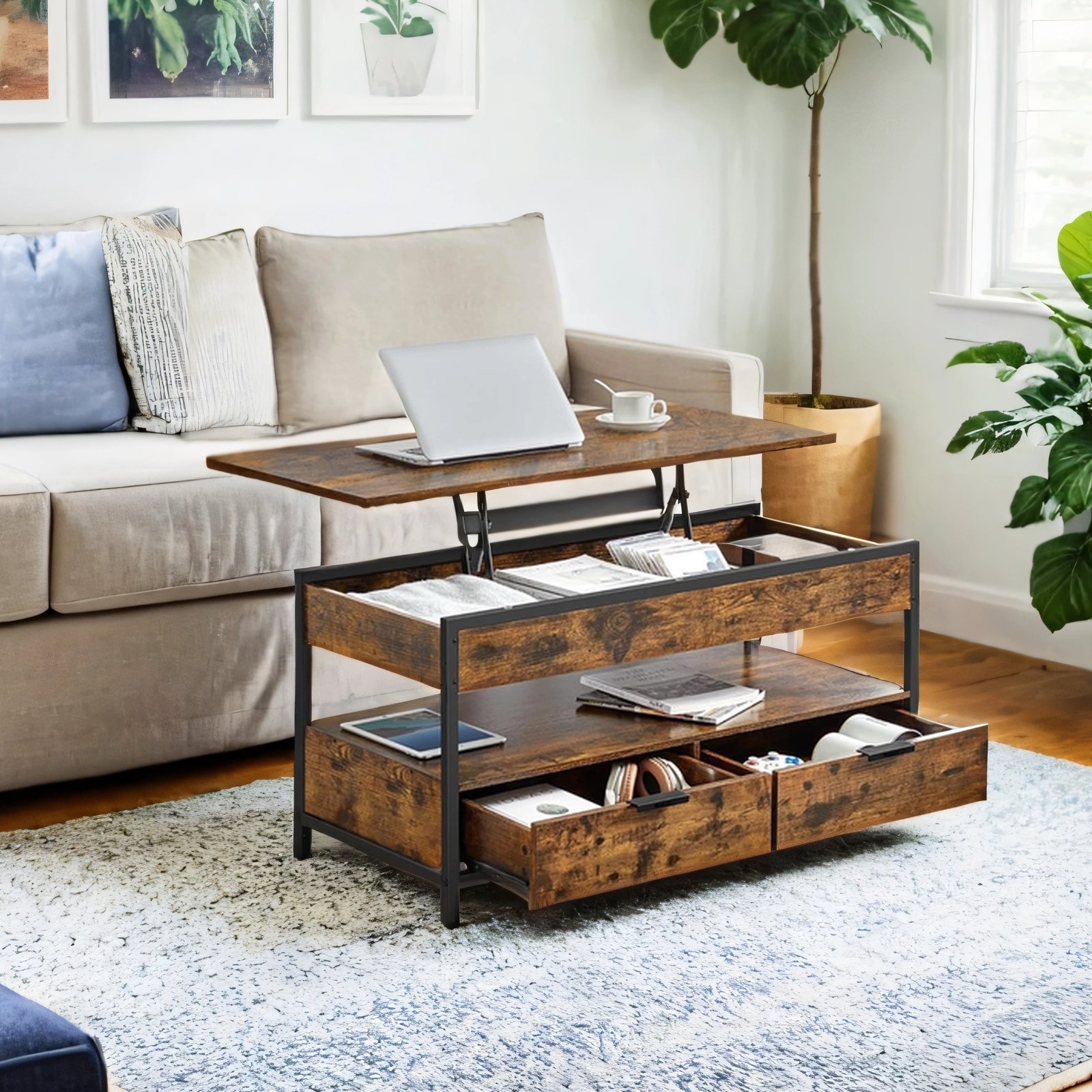 Industrial Coffee Table, Lift-Top Living Room Table with Drawers Open Compartment, Brown and Black