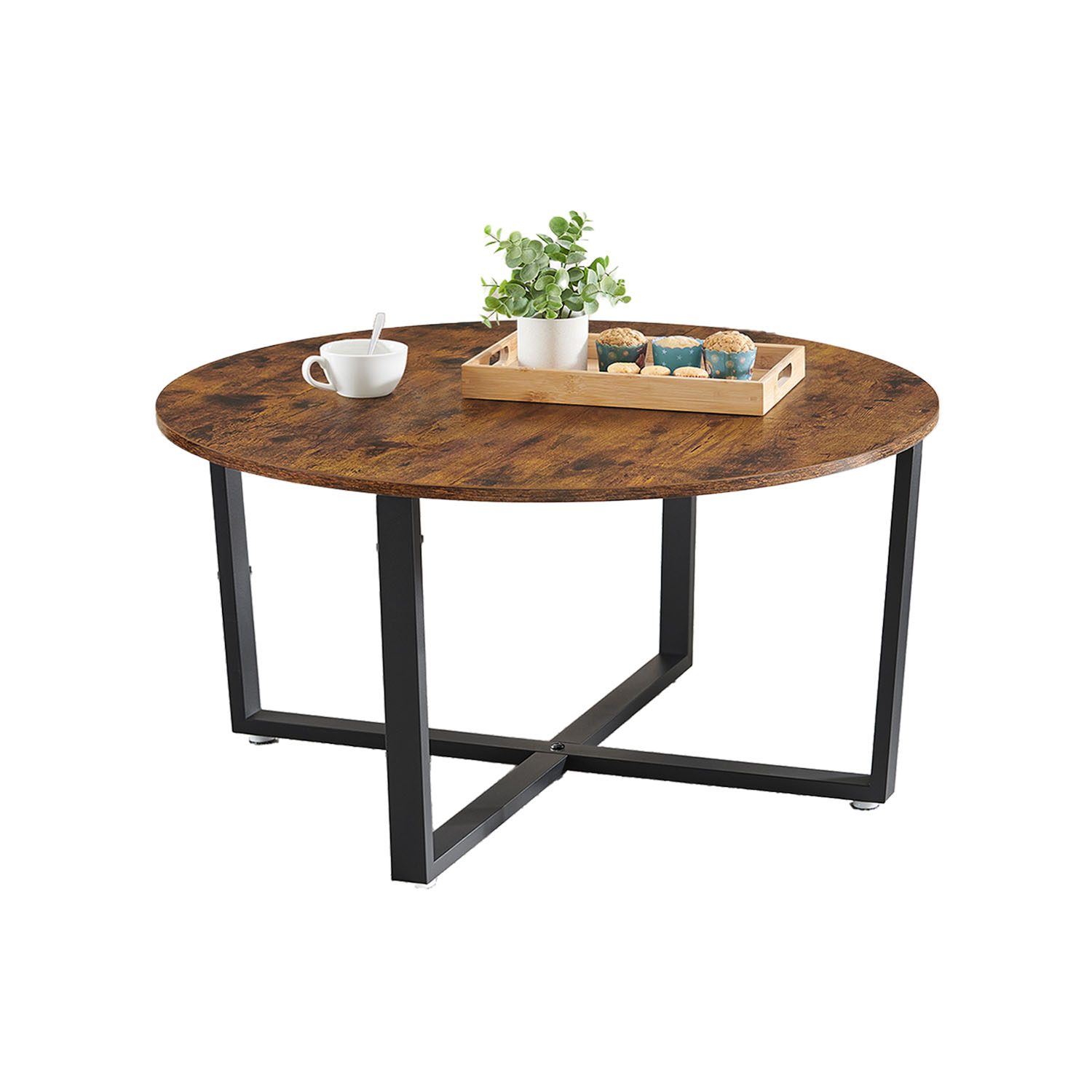 Industrial Cocktail Table, Steel Frame, Easy Assembly, Round Coffee Table, Brown and Black