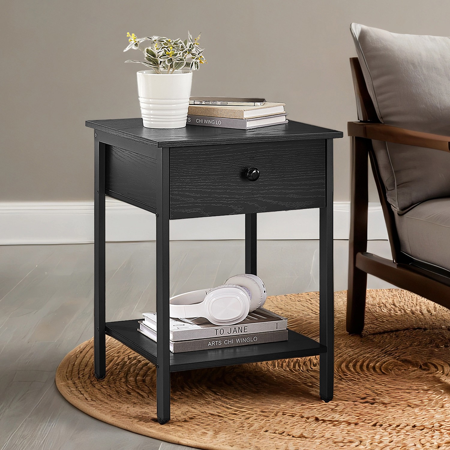 Nightstand, End Side Table with Drawer and Shelf, Bedroom Nightstand, End Side Table with Drawer and Shelf, Bedroom
