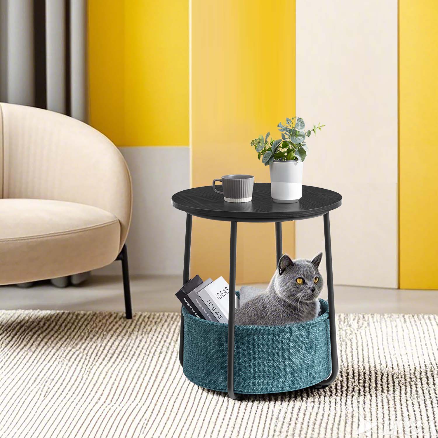 Side Table, Round End Table with Fabric Basket, for Living Room Bedroom