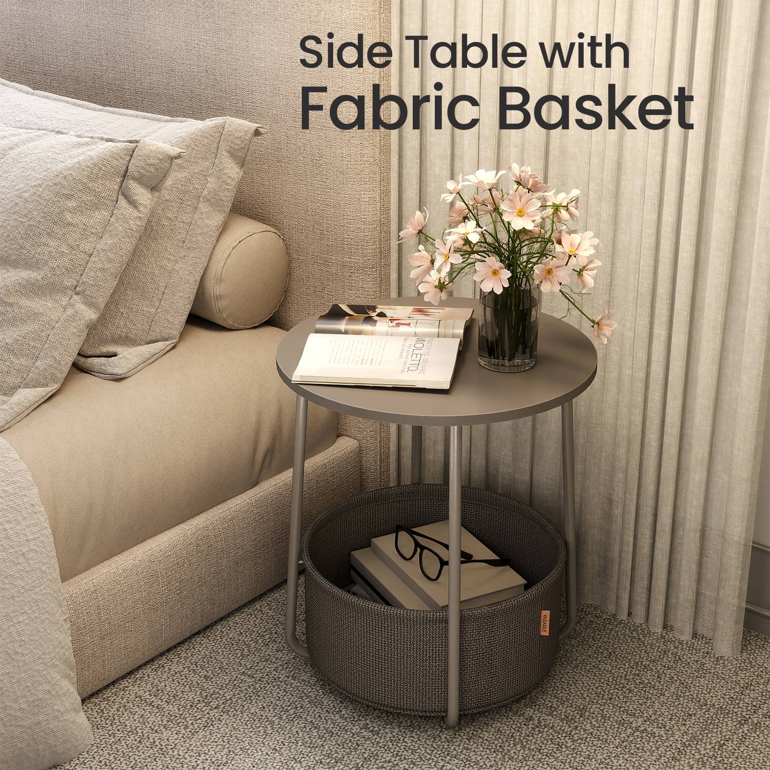 Side Table, Round End Table with Fabric Basket, for Living Room Bedroom