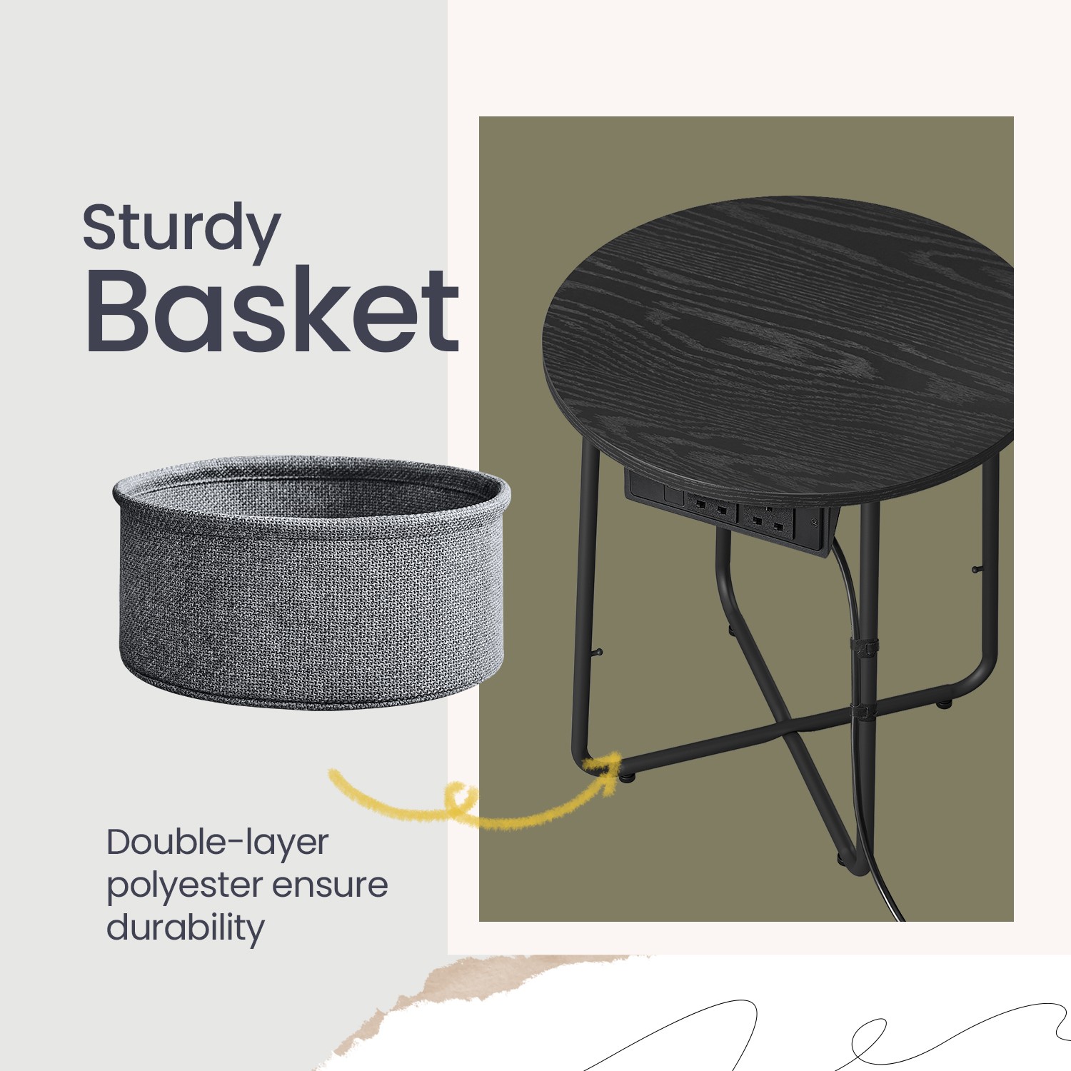 Round Side End Table with Fabric Basket and Power Outlets, Black and Grey Round Side End Table with Fabric Basket and Power Outlets, Black and Grey