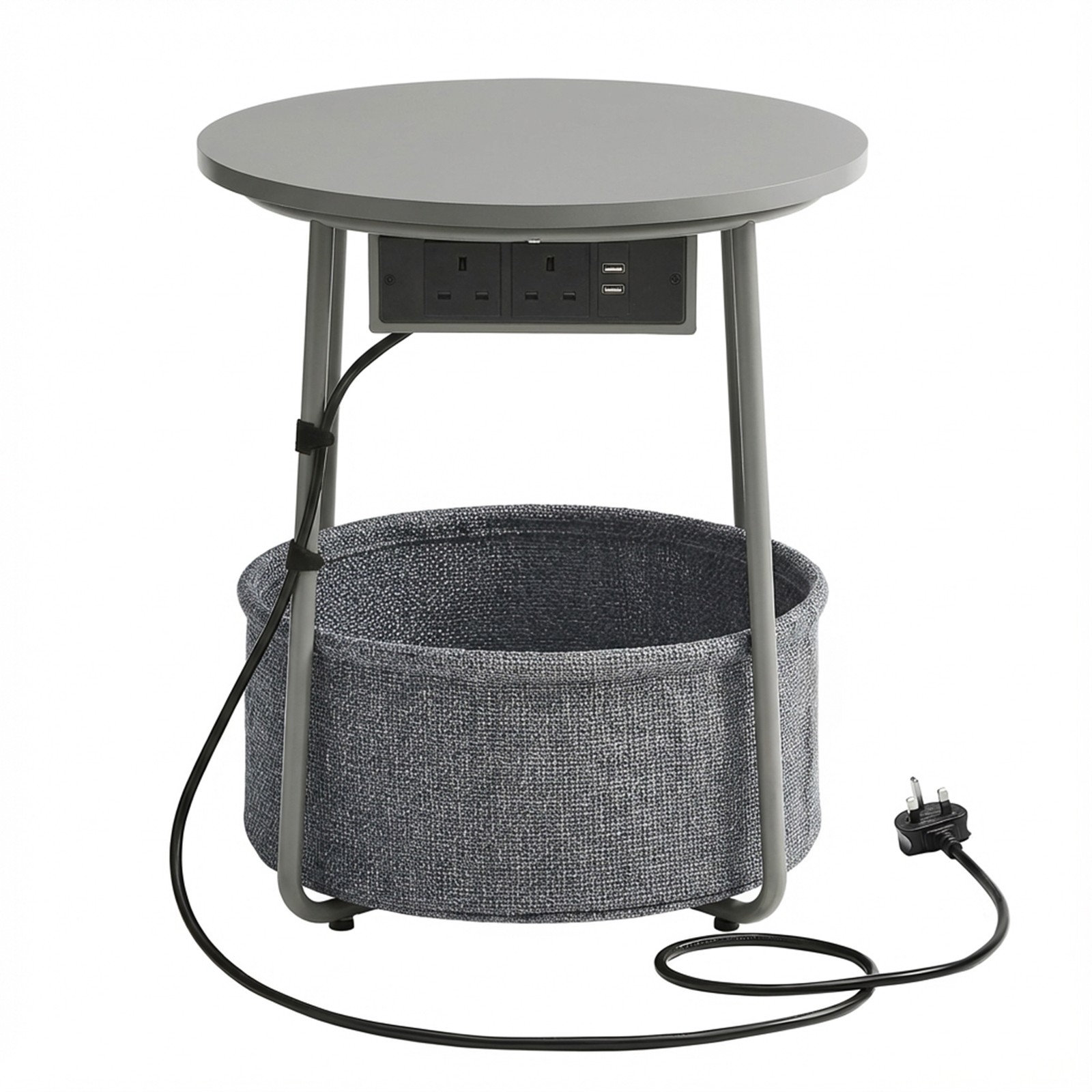 Round Side End Table with Fabric Basket and Power Outlets, Grey