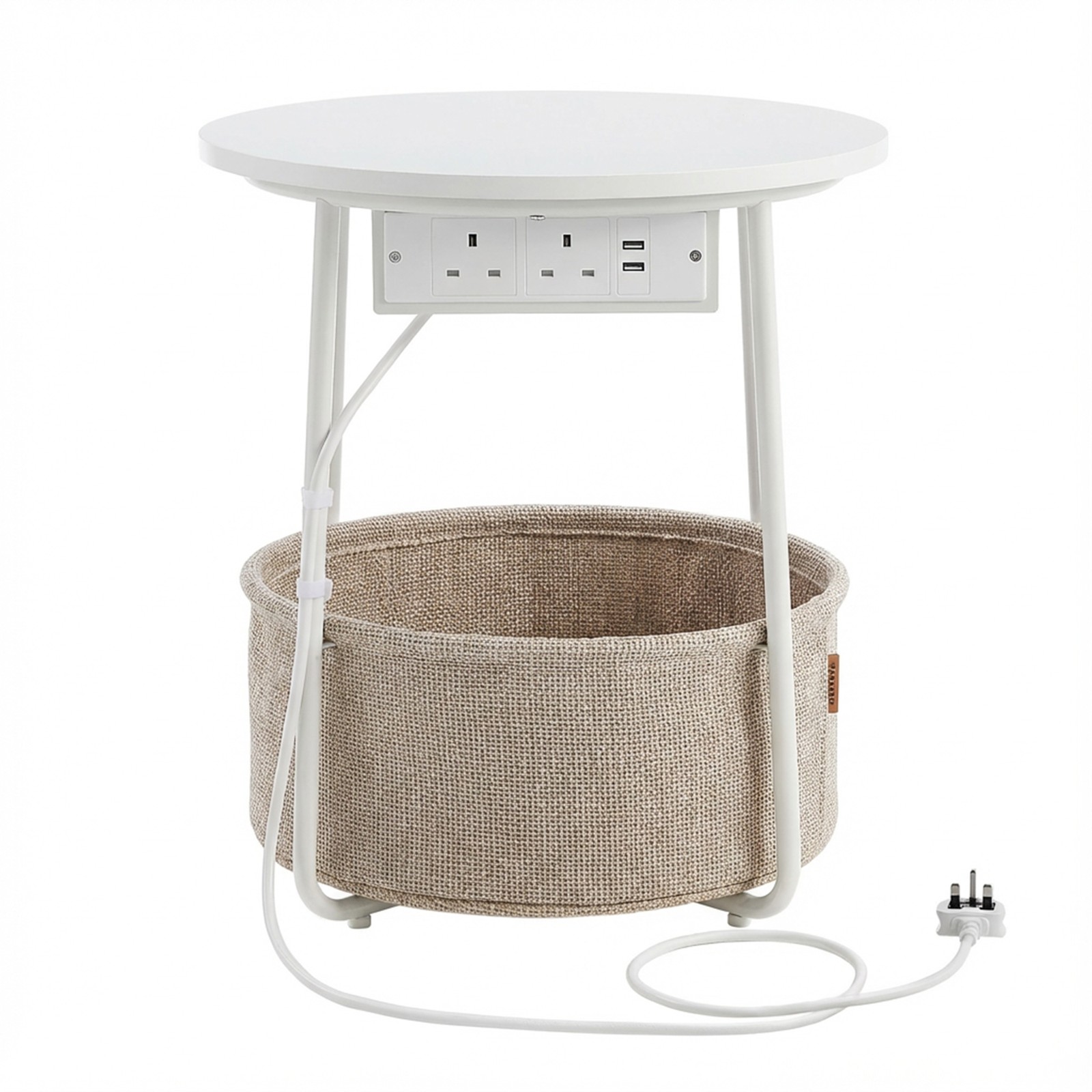 Round Side End Table with Fabric Basket and Power Outlets, White