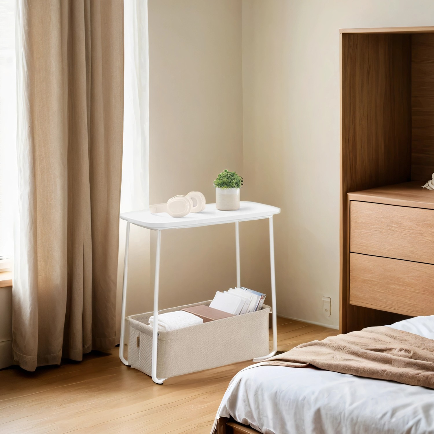 Small Bedside Table with Fabric Basket, Rectangular Side Table, for Living Room