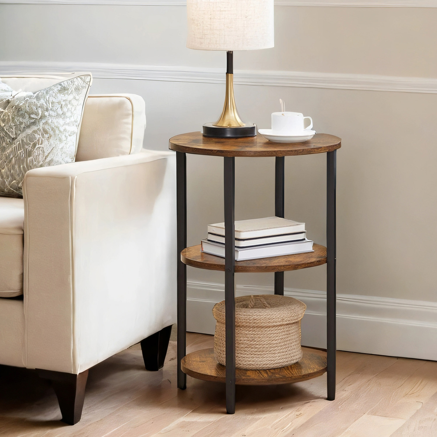 Sofa Side Table, Round Coffee End Table, 3-Tier Accent Table with Steel Frame Sofa Side Table, Round Coffee End Table, 3-Tier Accent Table with Steel Frame