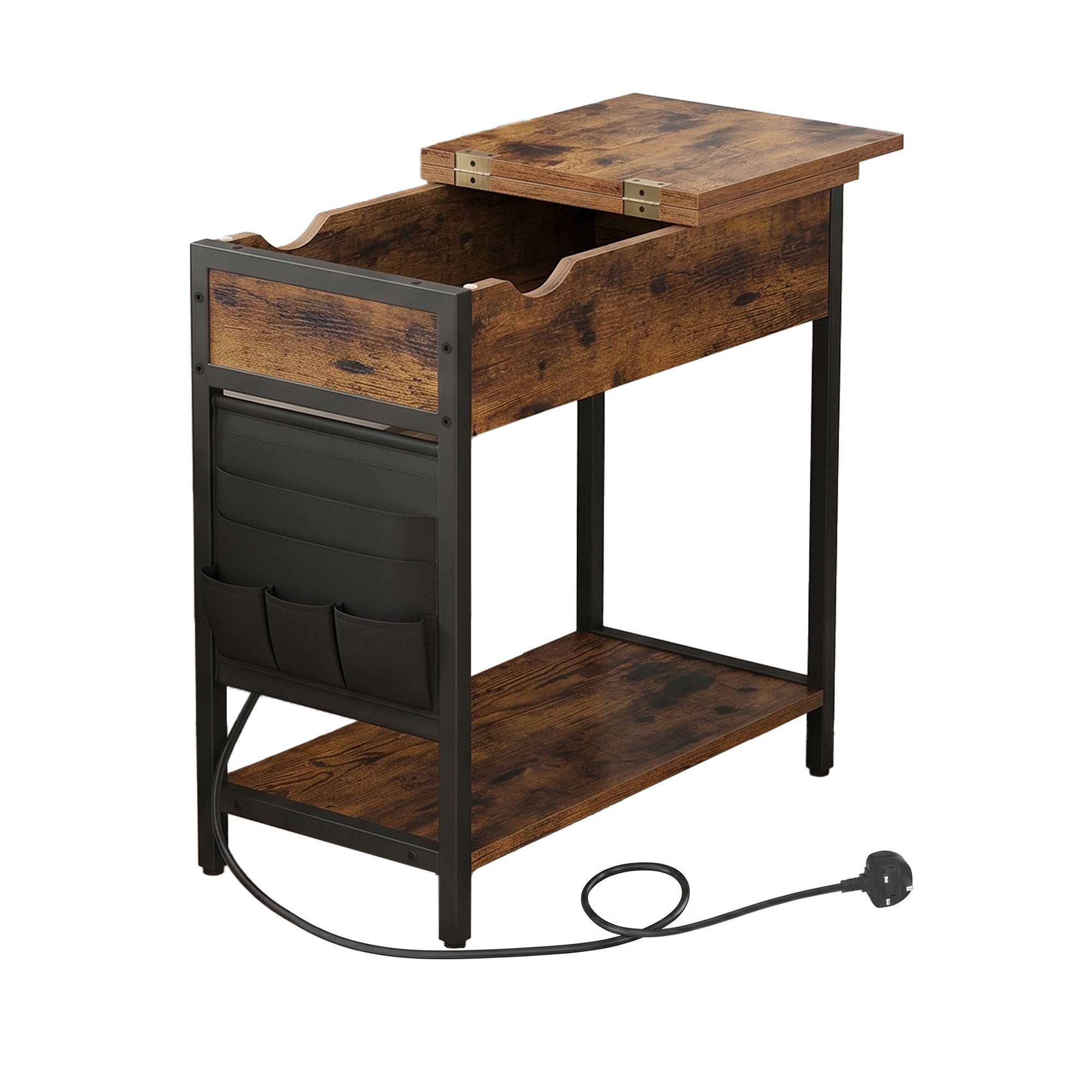 Slim Side Table with Charging Station, Narrow Bedside Table with Storage, End Table with USB Ports