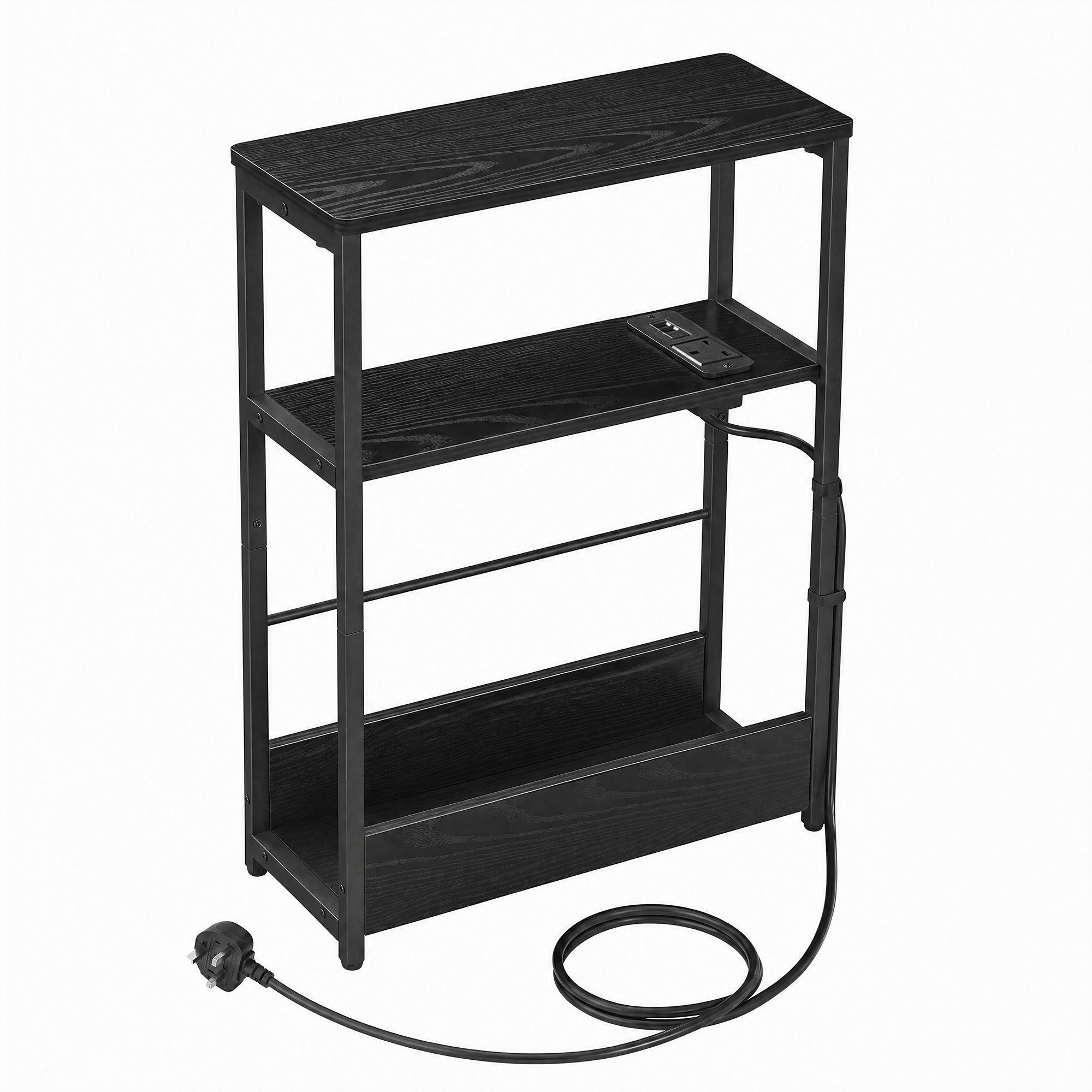 3-Tier Narrow Bedside Table, End Table for Compact Living, with Charging Station Magazine Rack, Black